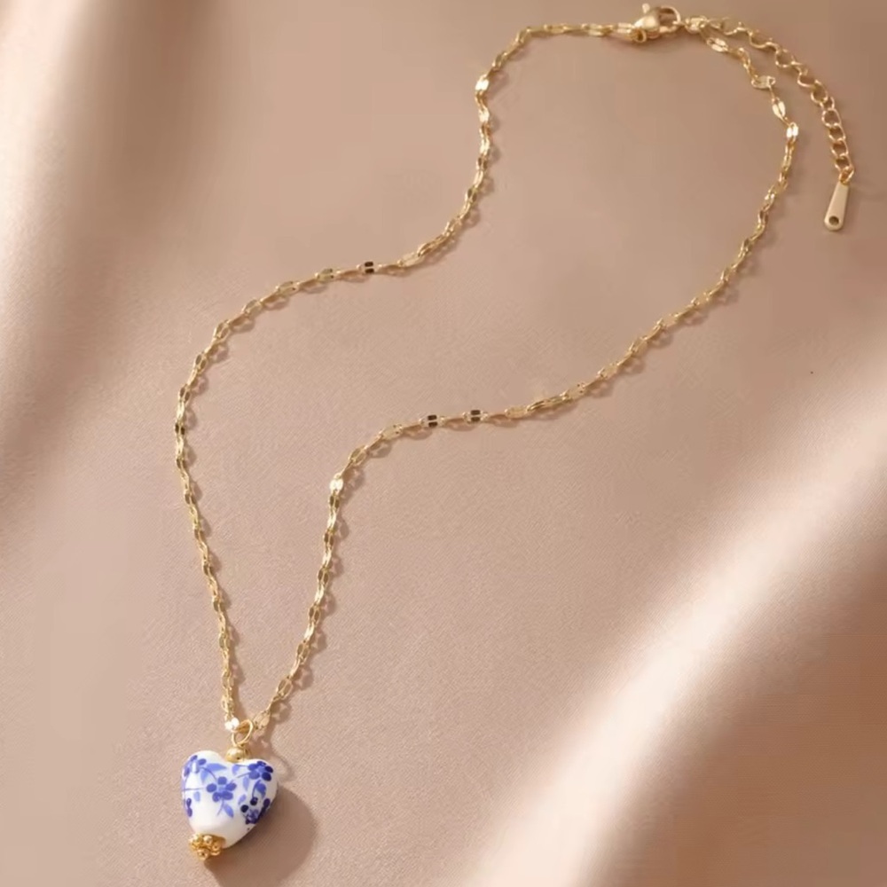 Vintage Floral Porcelain Heart 18K Gold Stainless Steel Non Tarnish Necklace